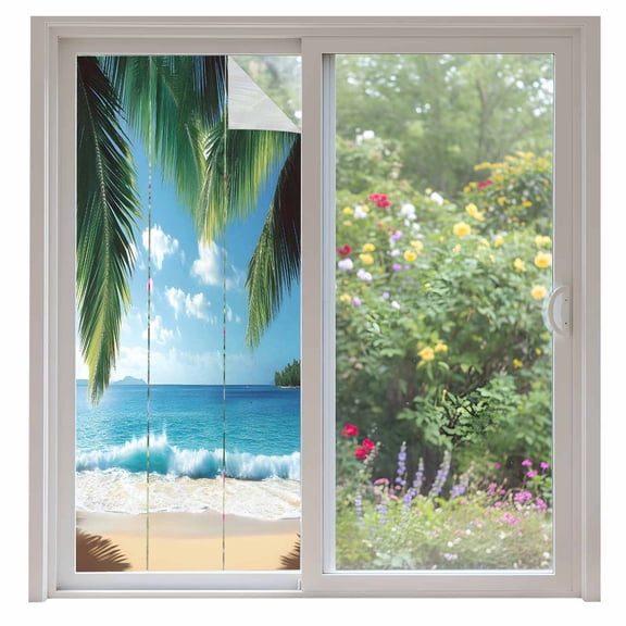 Coastal Ocean Window Privacy Film, Sandy Beach Coconut Tree Blue Sky Scenery Static Cling UV Sun Blocking Heat Control Window Tint, Non-Adhesive One Way Windows Privacy Cover 35.4''x78.7''