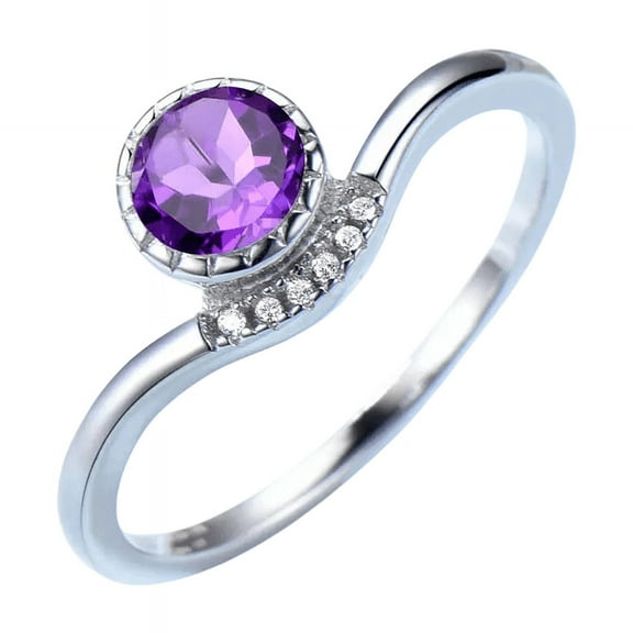 Round-Cut Lab-Created Amethyst & Diamond Bezel-Set Engagement Ring in 925 Sterling Silver – Elegant and Romantic Jewelry for Women
