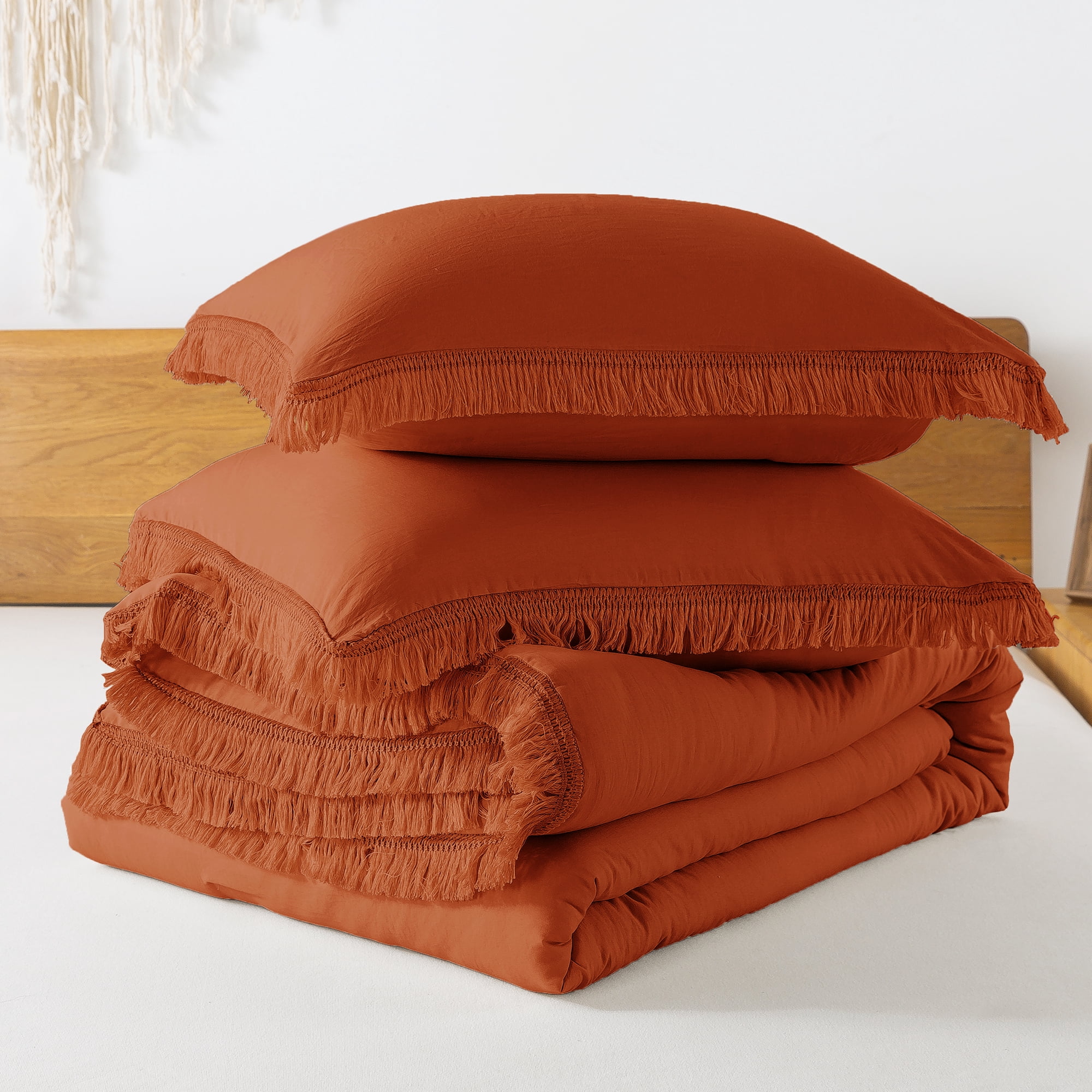 Andency California King Comforter Sets Burnt Orange, 3 Pieces Boho Tassel Terracotta Oversized Fall Bedding Comforter Sets, All Season Soft Fluffy Rust Down Alternative Bed Set