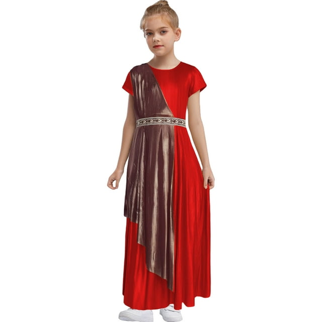 Sywiyi Costume Philosophe Grec pour Filles Robe Maxi Métallique pour Événements à Thème Rouge 8