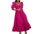 thumbnail image 1 of QIPOPIQ Robes pour Femmes Taille Empire à Étages Manches Courtes Tendance Uni Décontracté Col en V Robe d'Été Vacances Robe à Taille Élastique Offres 2023, 1 of 7