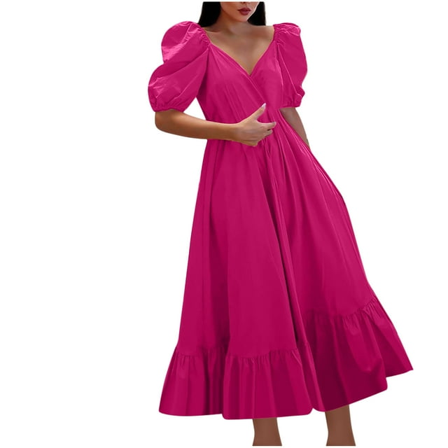 QIPOPIQ Robes pour Femmes Taille Empire à Étages Manches Courtes Tendance Uni Décontracté Col en V Robe d'Été Vacances Robe à Taille Élastique Offres 2023