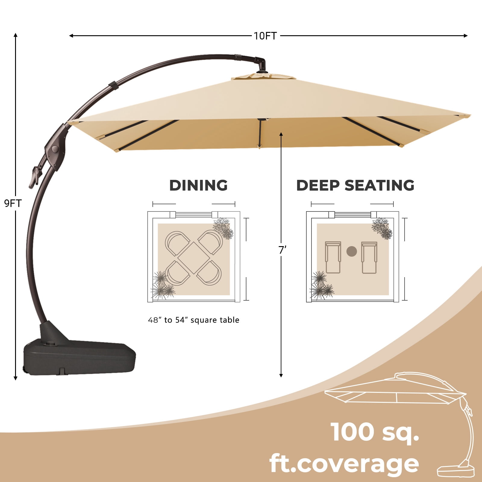 Grand Patio 10x10 ft Deluxe Patio Umbrella with Weighted Base Square Outdoor Cantilever Offset Umbrella with Curved Aluminum Pole, Champagne