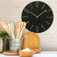 thumbnail image 2 of MId-Century Modern Wall Clock, Quartz Movement, Black with Gold Numerals and Hands, 11.75 D x 1.5 H inches, .5 lbs. (30 D x 3.5 H cm, 260 grams), 2 of 6