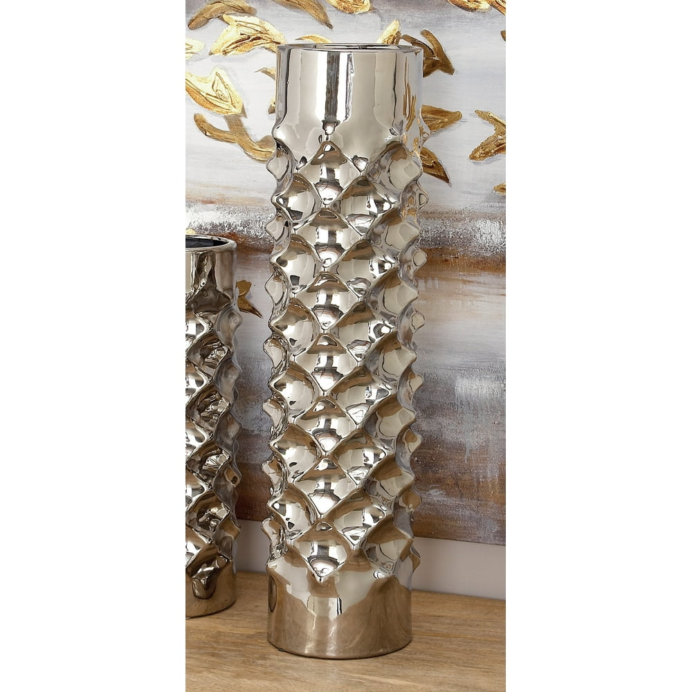 Glam Style Silver Ceramic Scooped Cylinder Vase, 23" x 6" x 6