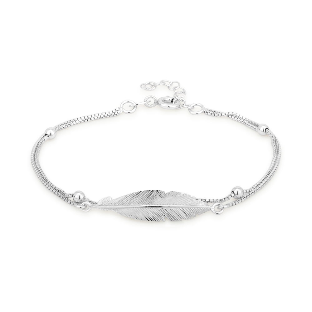 VANBELLE Sterling Silver Jewelry Double Layered Beaded Bracelet with Feather Charm and Rhodium Plated for Women and Girls