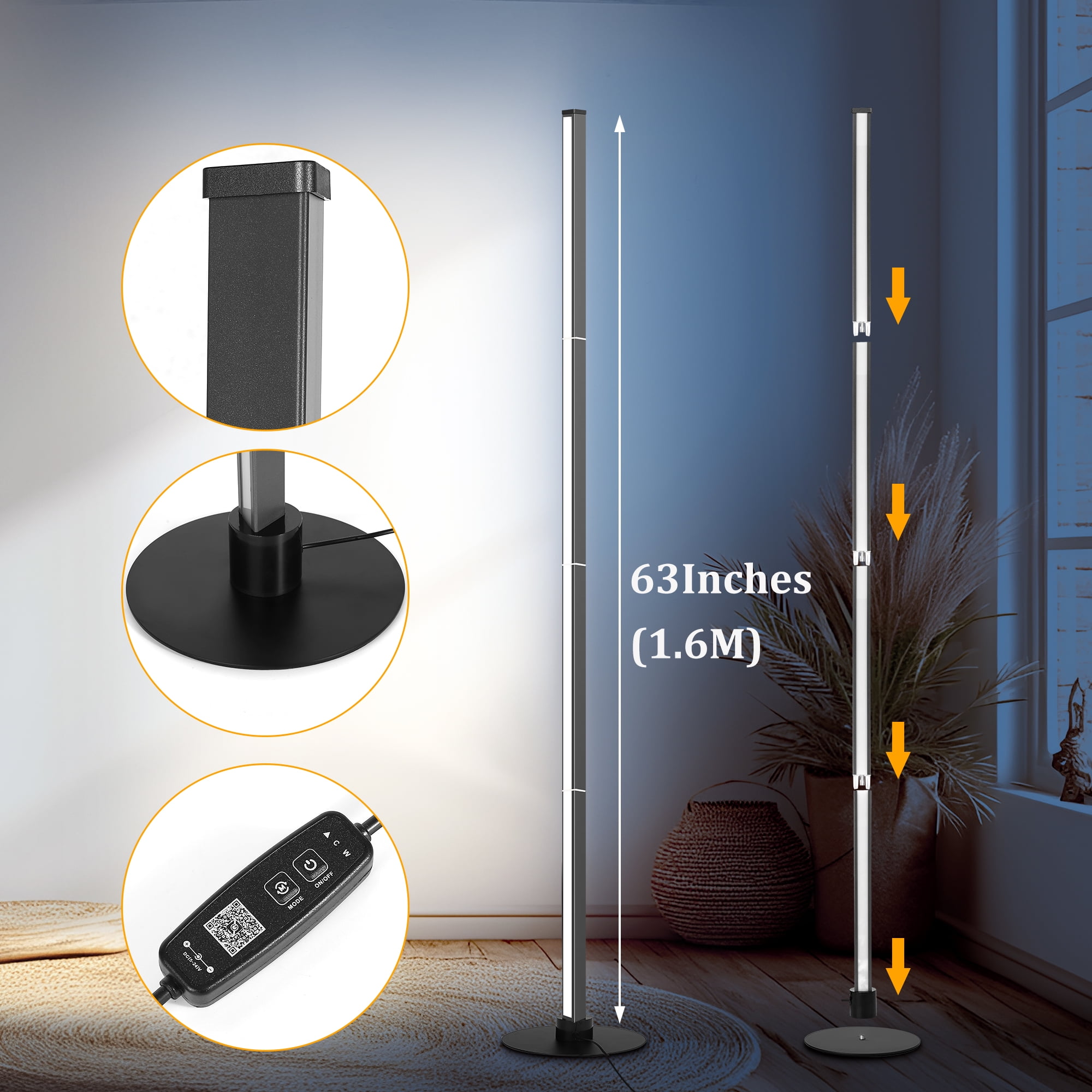 63" Floor Lamp,Modern Color Changing Standing Lamp, Stepless Dimmable Corner Lamp with APP & Remote Control for Living Room, Bedroom, Office