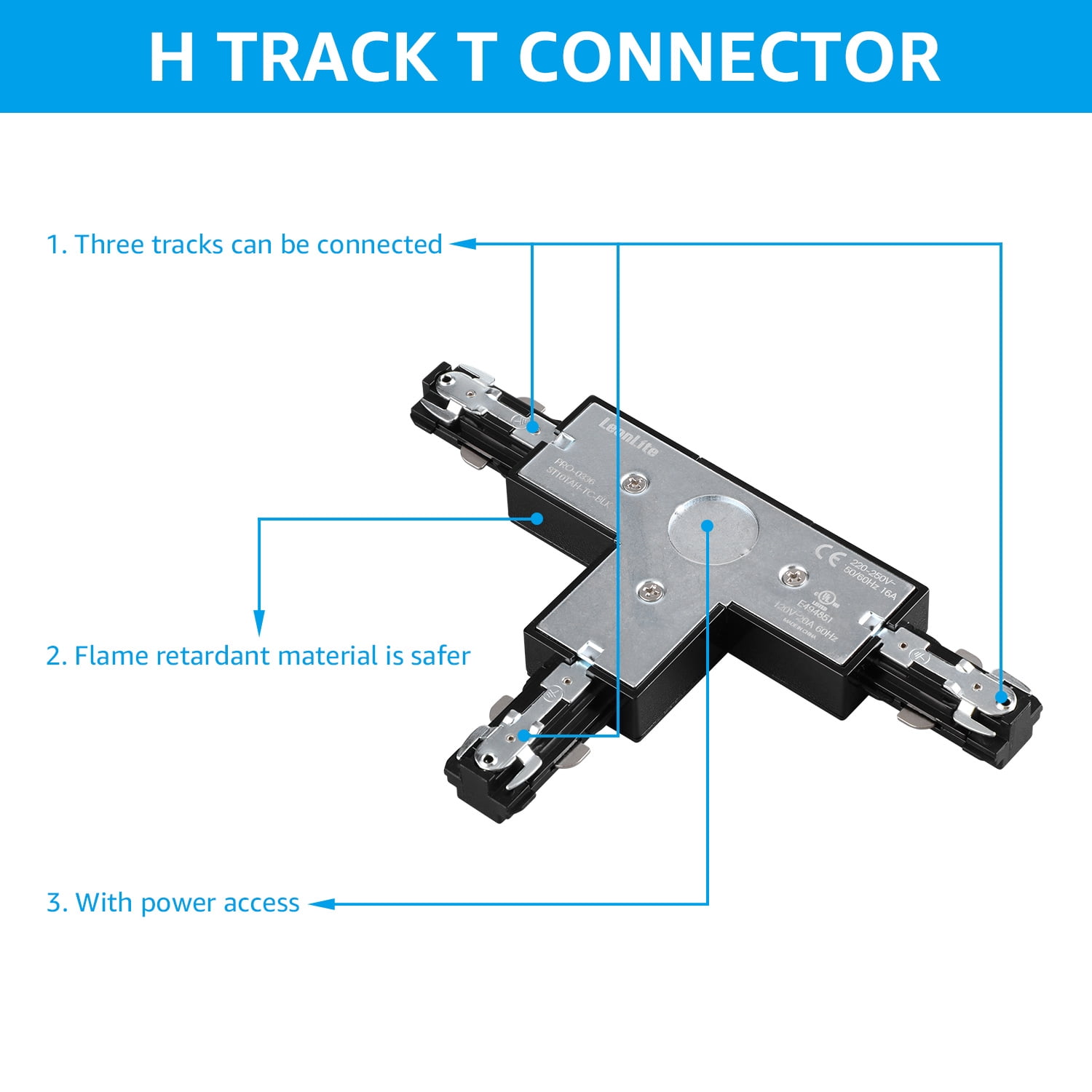 H Track T Connector, H Type Single Circuit 3-Wire-1 Track Lighting Kit, Corner Joiner, UL Listed, Flame Retardant Material, for H Track System, 3 Years Warranty, 120V, Black