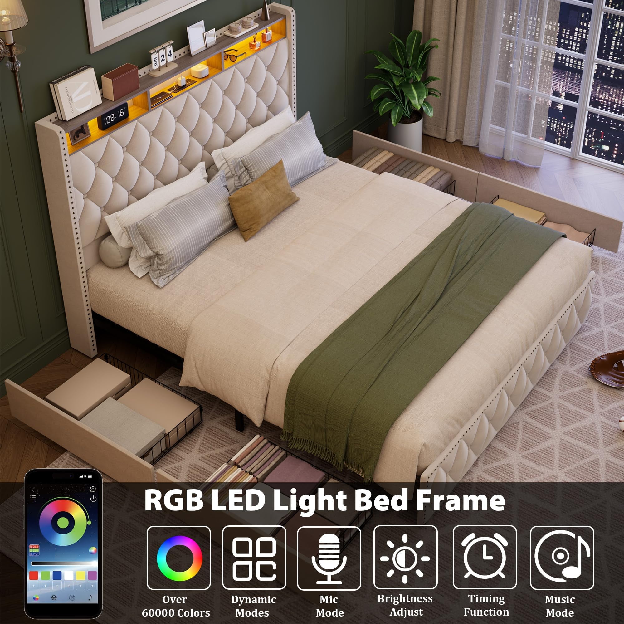 Memoryfield Upholstered Queen Size Bed Frame, Velvet Platform Bedframe with 4 Storage Drawers & USB Charging Station, No Box Spring Needed, Easy Assembly, Beige