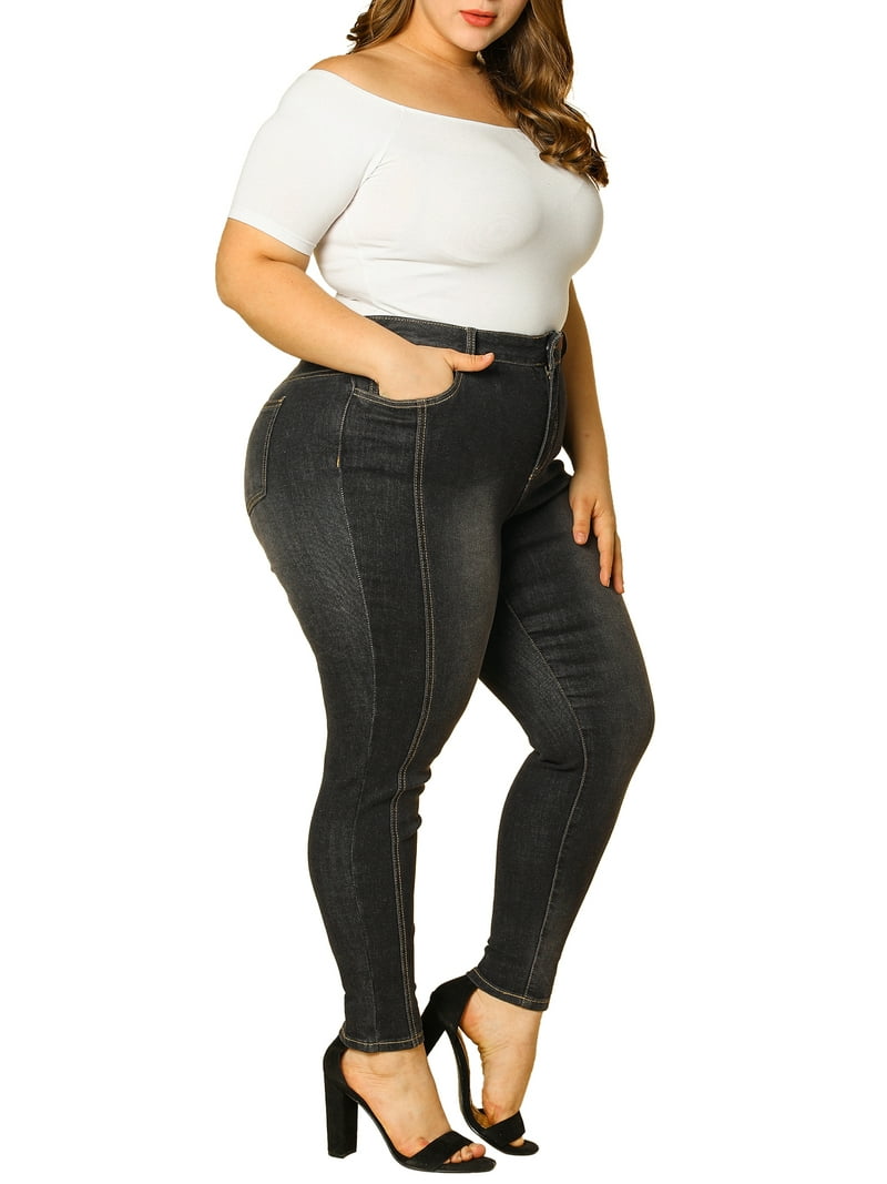 Unique Bargains Women's Plus Size Mid-Rise Skinny Jeans 2X Black