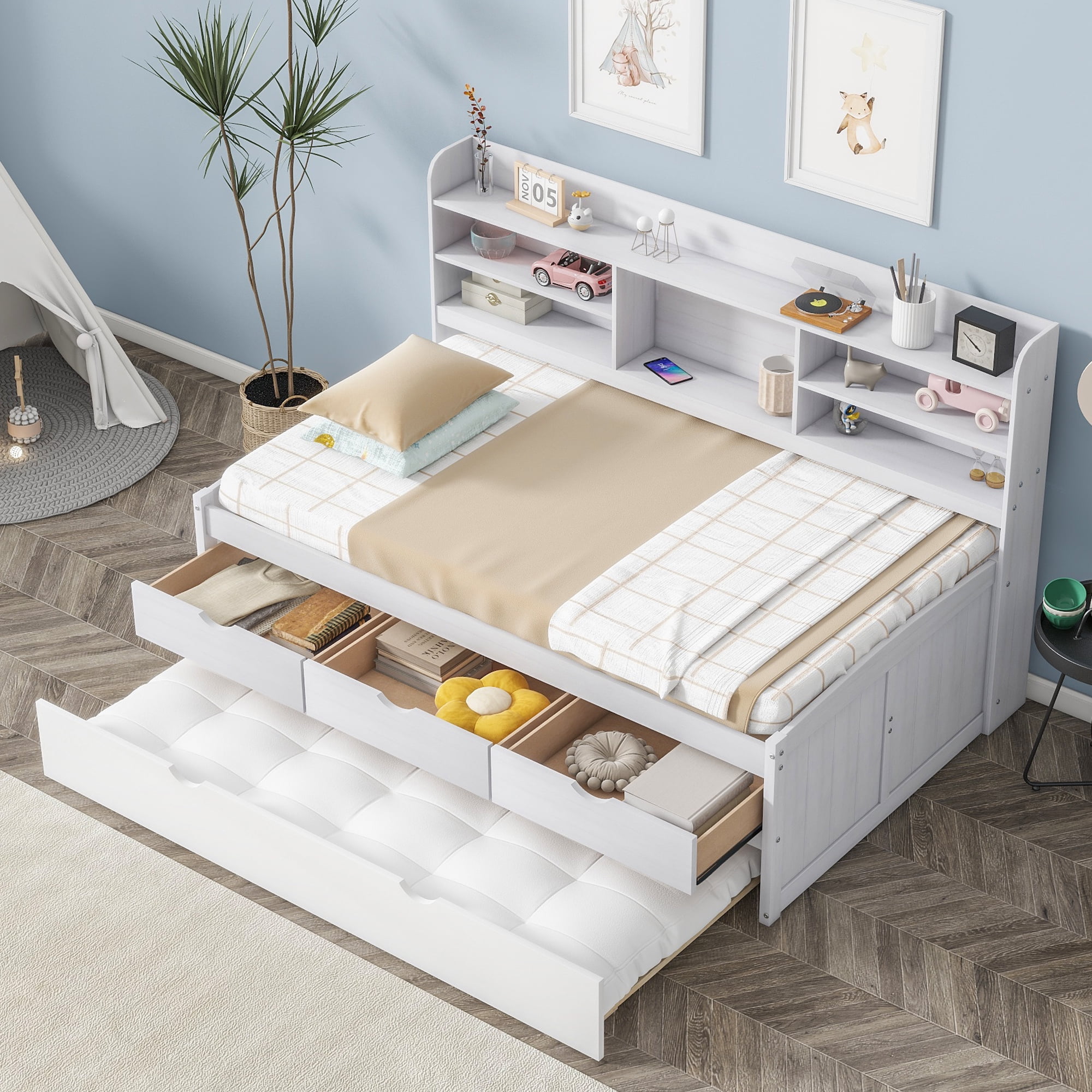 EUROCO Twin Size Captain Bed, Daybed with Trundle and Bookcase,Drawers and Shelf Platform Bed, White