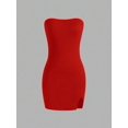 thumbnail image 3 of Women's Black Strapless Mini Dress - Bodycon Fit with Front Slit, 3 of 10