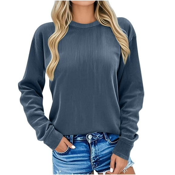 UYISJ Women Crew Neck Long Sleeve Pullover Tops Casual Plus Size T Shirts Comfy Ribbed Knit Lightweight Sweatshirts Dark Blue 3XL