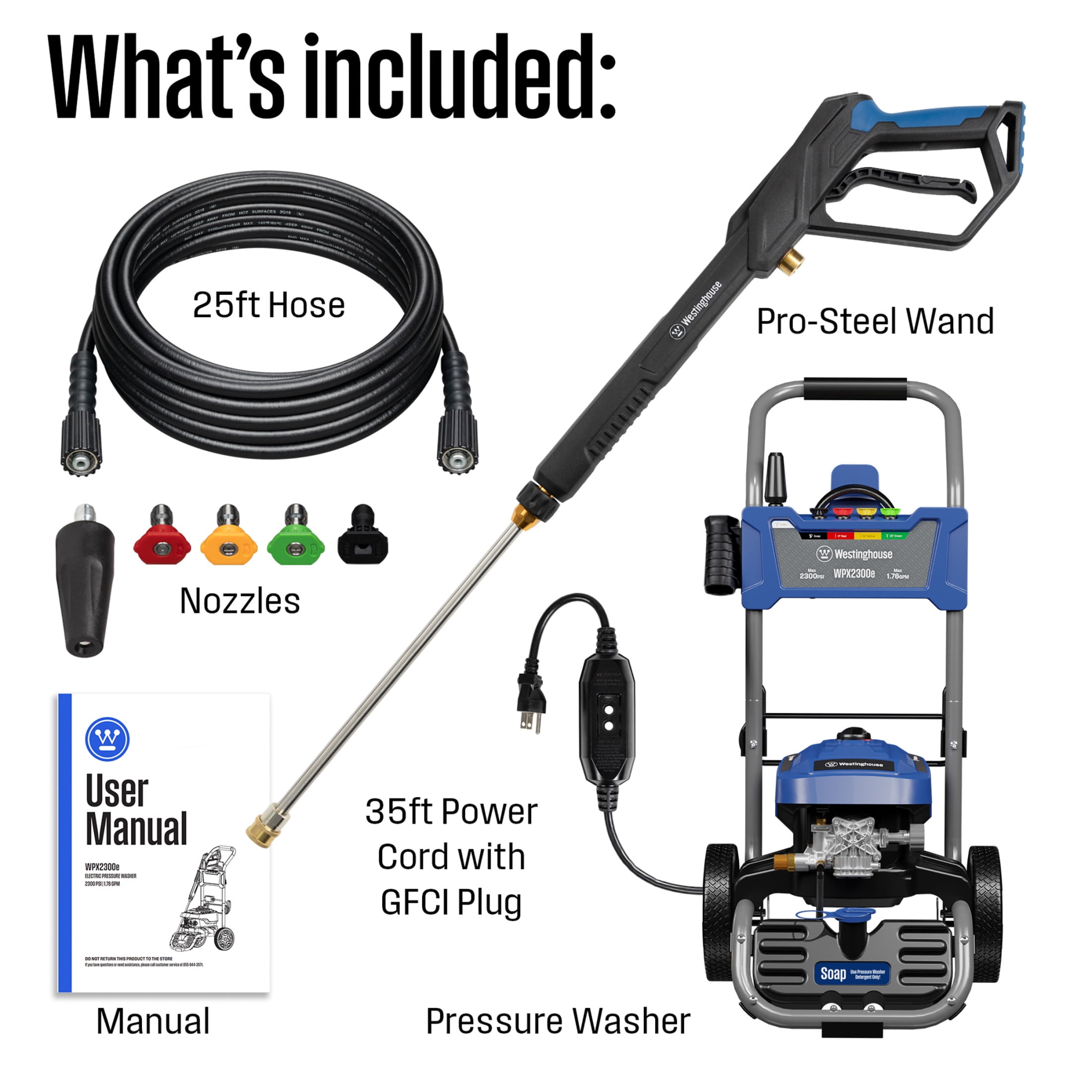 Westinghouse WPX2300e Heavy Duty 2300 Max PSI 1.76 Max GPM Electric Pressure washer with 5 Spray Tips and Soap Tank