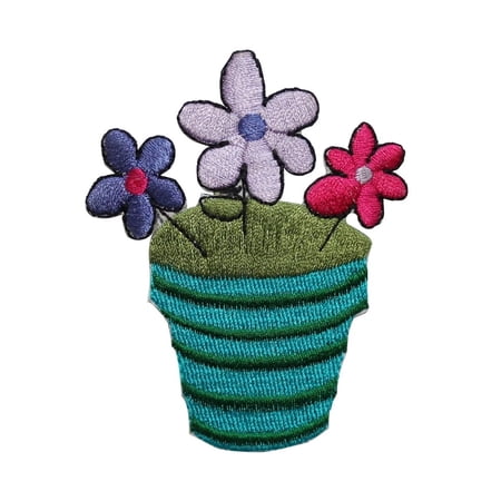 ID 7028 Potted Multi Colored Daisy Patch Flowers Embroidered Iron On Applique