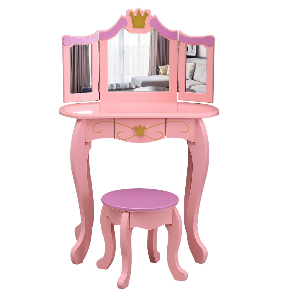 Vanity Table & Stool for Girls Kids Princess Makeup Dressing Play Table