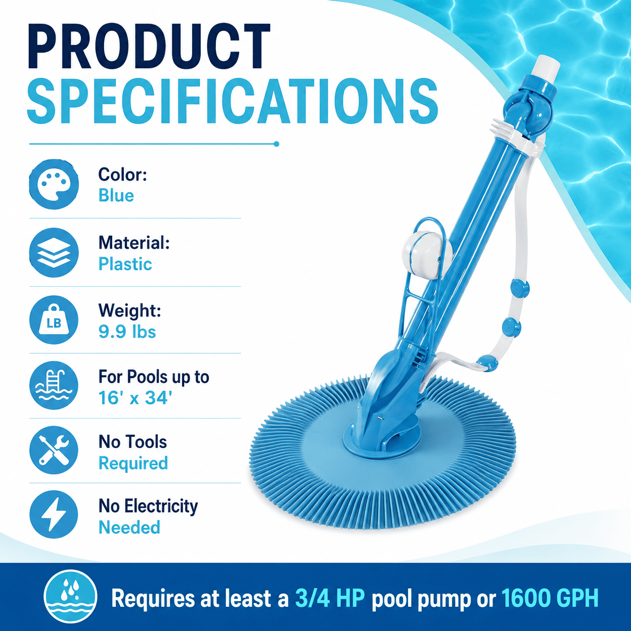 Alvantor Automatic Suction Pool Cleaner with 10 Hoses, No-Electric Pool Vacuum Cleaner for Above-Ground & Inground Swimming Pool