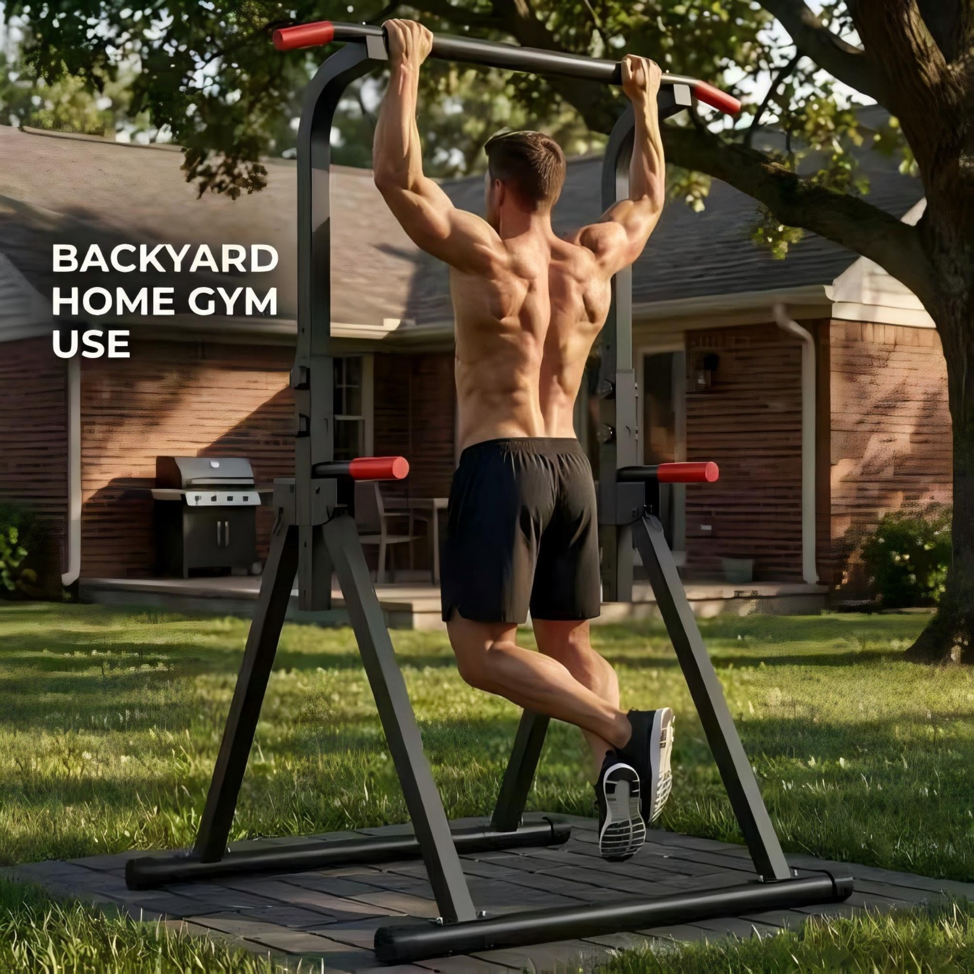 Leumius Foldable Pull Up Bar Standing Power Tower,Multi-Function Dip Station, 6-Level Adjustable Height Strength Training Fitness Equipment for Home Gym,440lbs Max,Black+Red