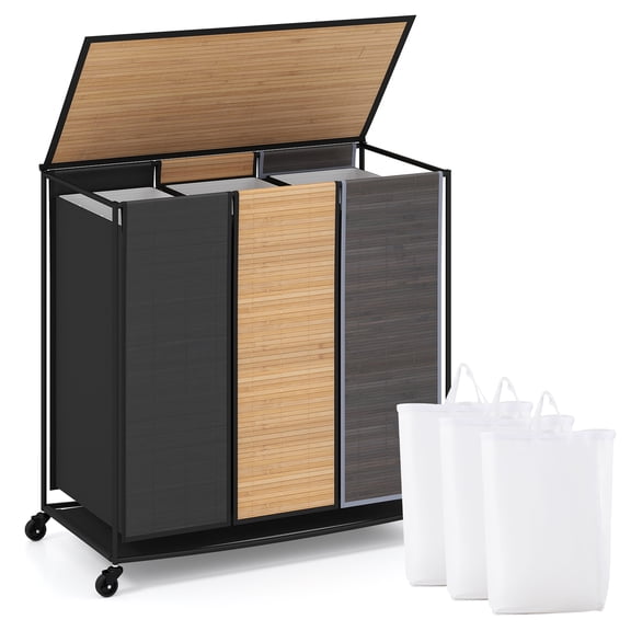 Gymax 26'' Tall Laundry Hamper 3-Section Laundry Sorter w/ Lid 2 Lockable Wheels Natural & Black & Gray