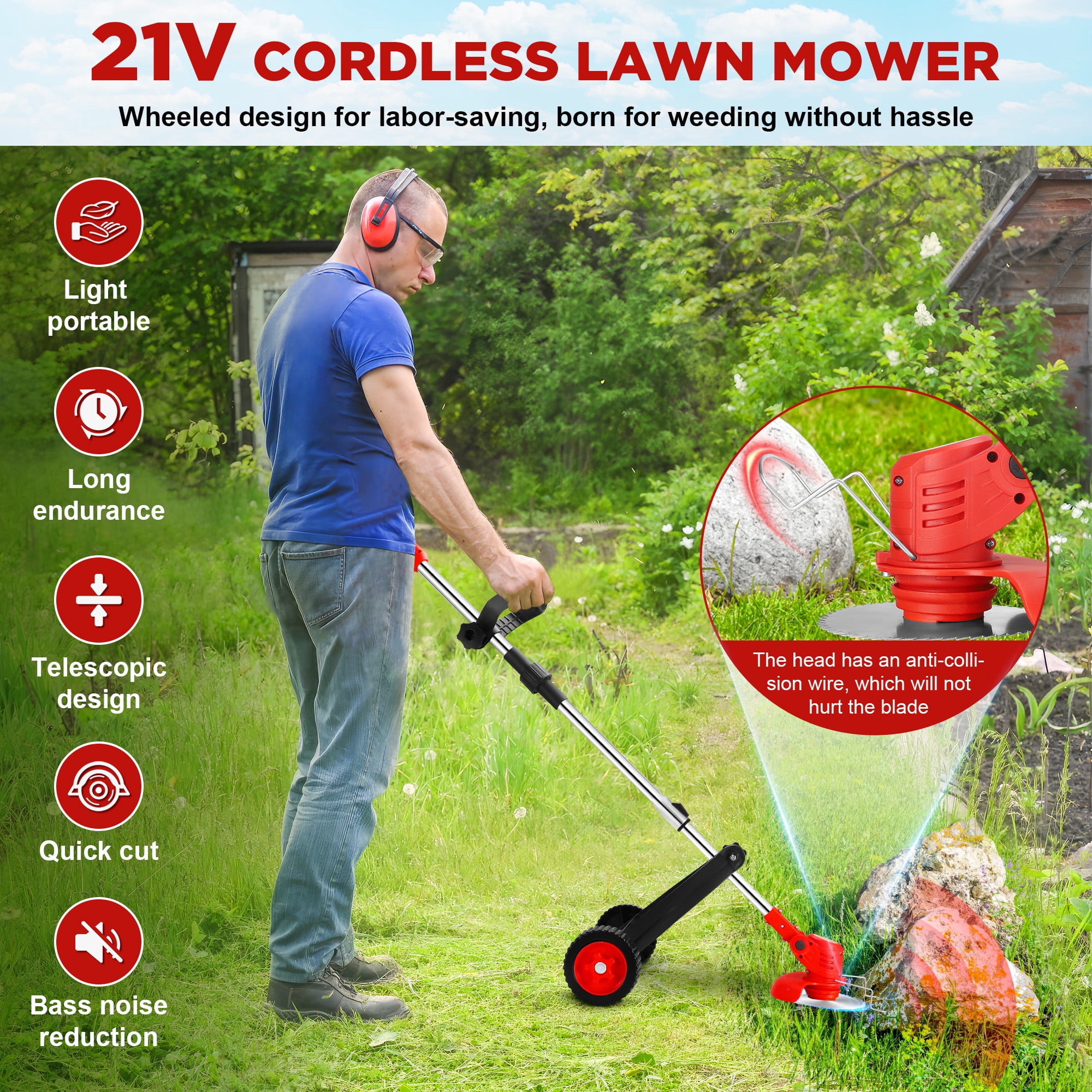 RELOIVE Weed Eater,Cordless Weed Trimmer,Electric Weed Wacker, with 2PCS 4000mAh Batteries and Charger, 6-in-1 String Trimmer with Wheels, 43.3''-53.1'' Adjustable for Garden Yard