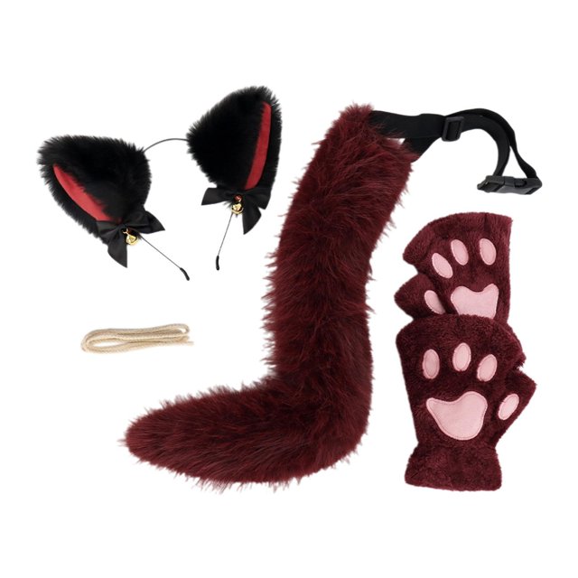 Diadema con orejas de gato de felpa, guantes con y cola, juego de roles para espectáculo escénico rojo negro