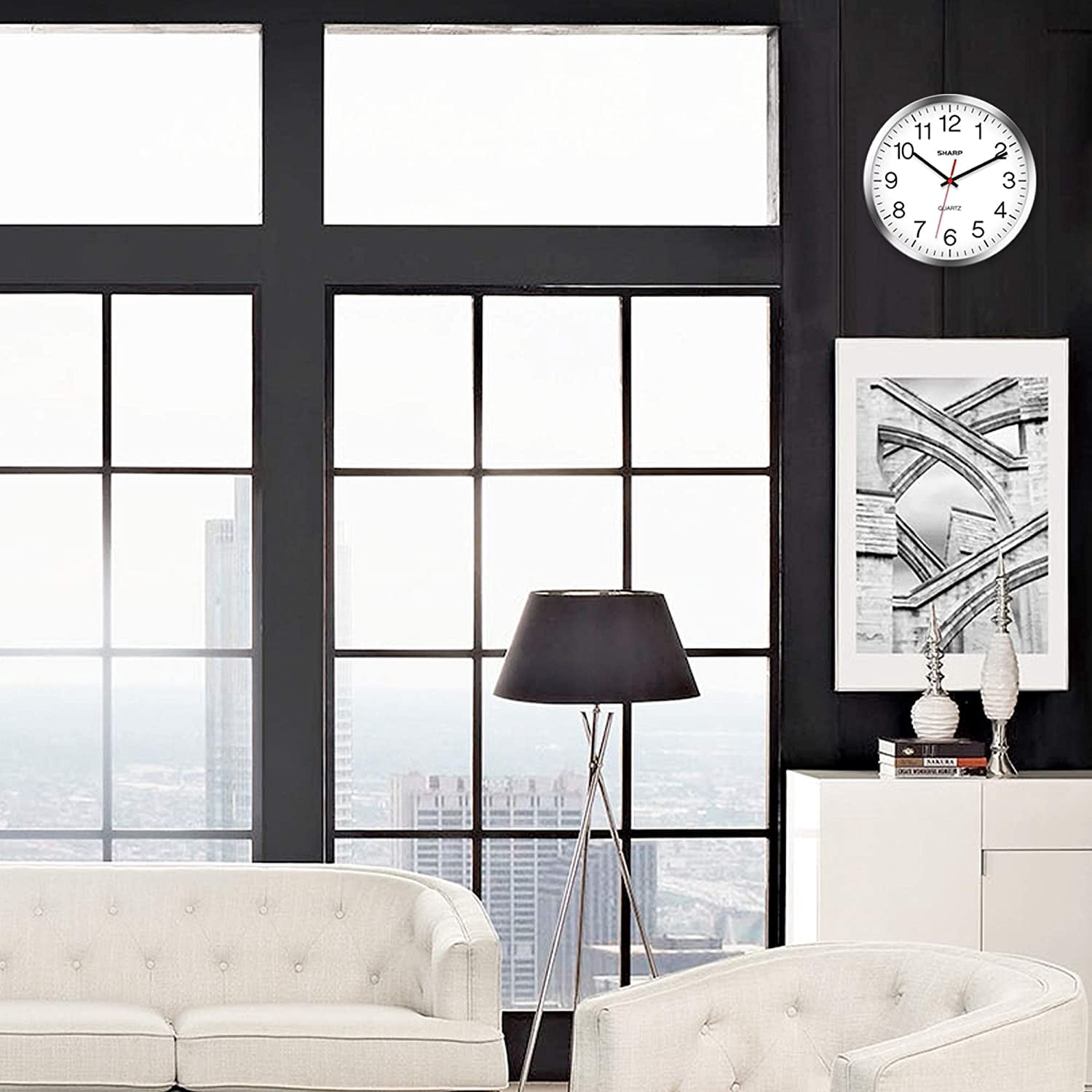Sharp Modern 12" Quartz Round Wall Clock, Silent Non-Ticking, Silver/Chrome Frame for Home & Office