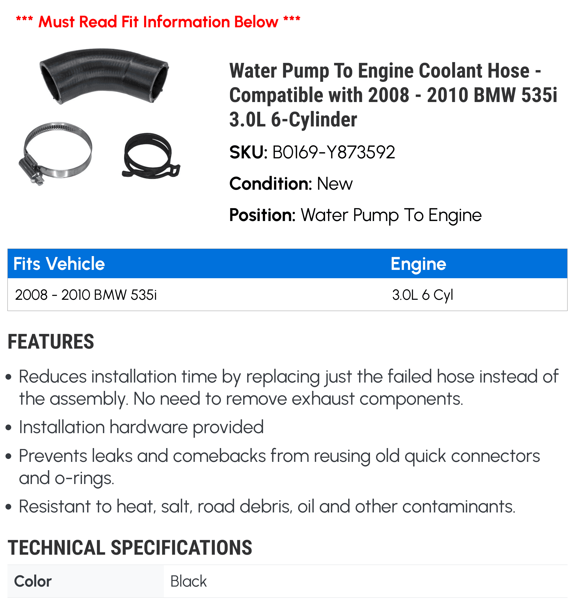 Water Pump To Engine Coolant Hose - Compatible with 2008 - 2010 BMW 535i 3.0L 6-Cylinder 2009
