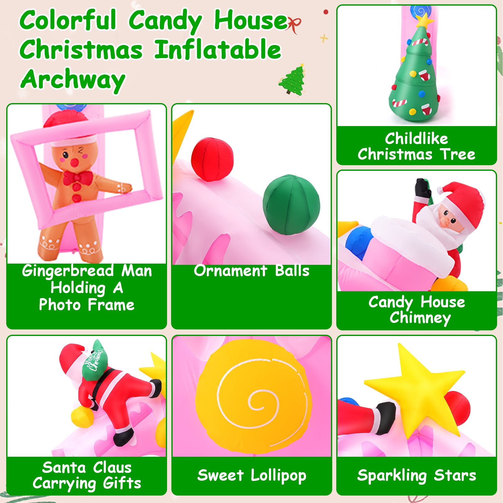 Funcid 10FT Pink Christmas Inflatable Archway with LED Lights - Candy House Holiday Yard Decoration with Santa & Gingerbread Man