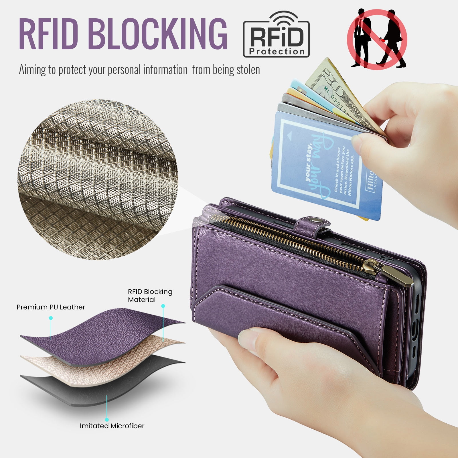 Asuwish Compatible with iPhone 16 6.1 inch Zipper Wallet Phone Case Tempered Glass Screen Protector Crossbody Lanyard Strap Flip Card Holder Slot Cell Cover for i Phone16 i16 16Case Women Purple
