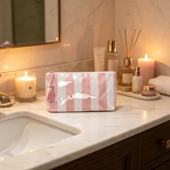 Striped PVC Cosmetic Bag Waterproof Makeup Pouch with Tassel Zipper for Travel Daily Toiletry Storage
