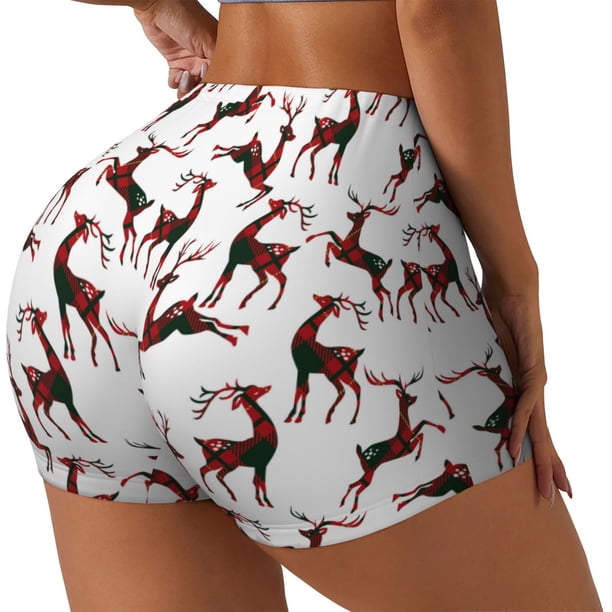 Fotbe Christmas Plaid Moose Shorts Sin Costuras – Shorts Deportivos de Cintura Alta para Mujer, Elásticos para Gimnasio, Yoga, Running o Ciclismo-Medium