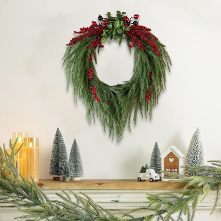 Evergreen Wreath, Holiday Wreath, 24 Inch Artificial Christmas Wreath for Front Door Decor, Green Plastic Grapevine Base, Indoor Outdoor Use