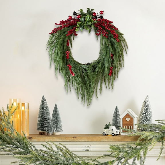 Evergreen Wreath, Holiday Wreath, 24 Inch Artificial Christmas Wreath for Front Door Decor, Green Plastic Grapevine Base, Indoor Outdoor Use