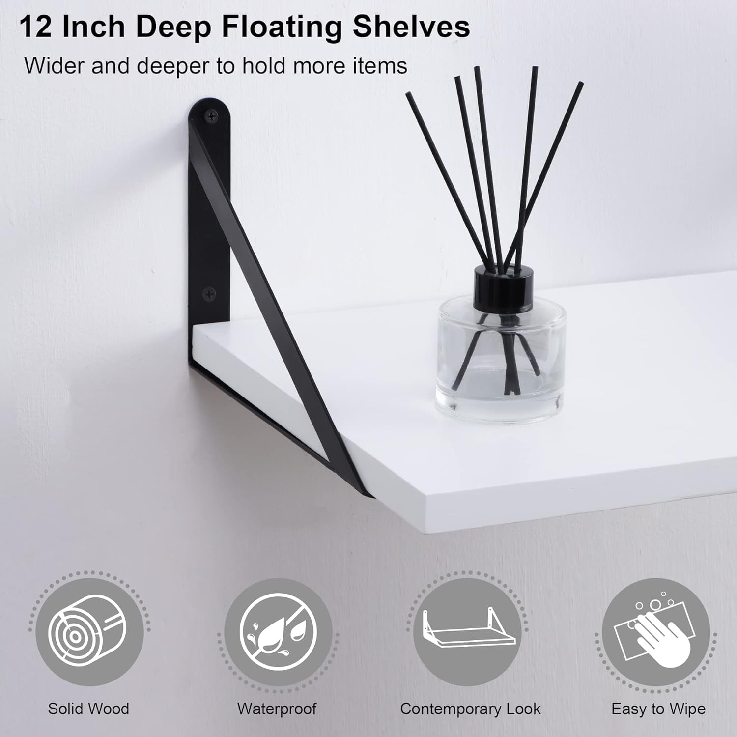 White Floating Shelves, 12 Inch Deep Wall Mounted Shelves Set of 2, Modern Style Solid Wood Shelves for Wall Decor Storage Shelves for Kitchen Bathroom Bedroom Living Room