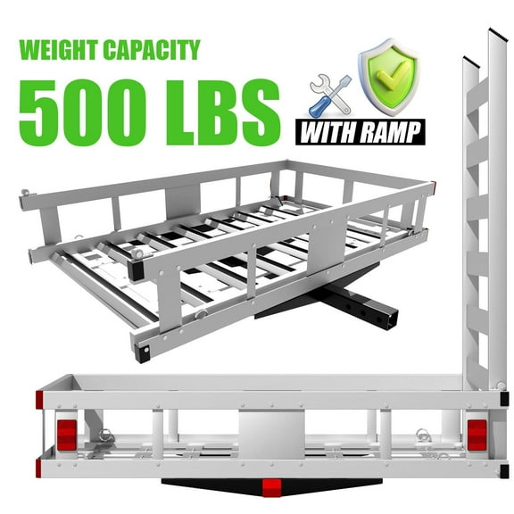 Mounted Trailer with Ramp, Iron Luggage Carrier Rack, Trailer Hanging Basket, Trailer Hitch Cargo Carrier, Heavy Duty Iron Structure, 500 lbs Weight Capacity, 50x29.5x9.0 inch for RV Trucks