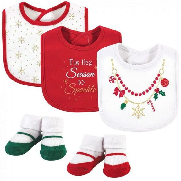 Little Treasure Baby Girl Cotton Bib and Sock Set 5pk, Christmas Necklace, One Size