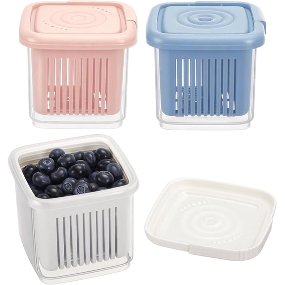 ABCISI Set of 3 Berry Basket and Colander, 1-Quart Berry Bowl With Holes, Square Kitchen Fruit Baskets for fridge, 4" Colander Cute Small Container for Strawberry, Grape, Cherry, Berries