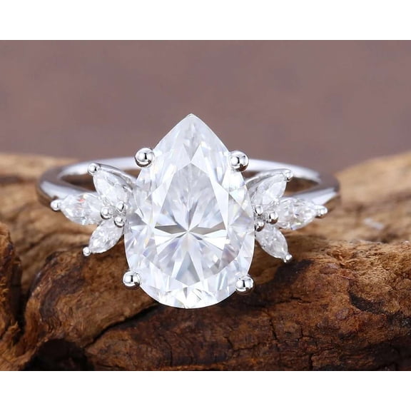vylahjewellery 10k White Gold Elegant Pear Cut Diamond Engagement Ring Floral Minimalist Moissanite Wedding Anniversary Jewelry Gift for Women