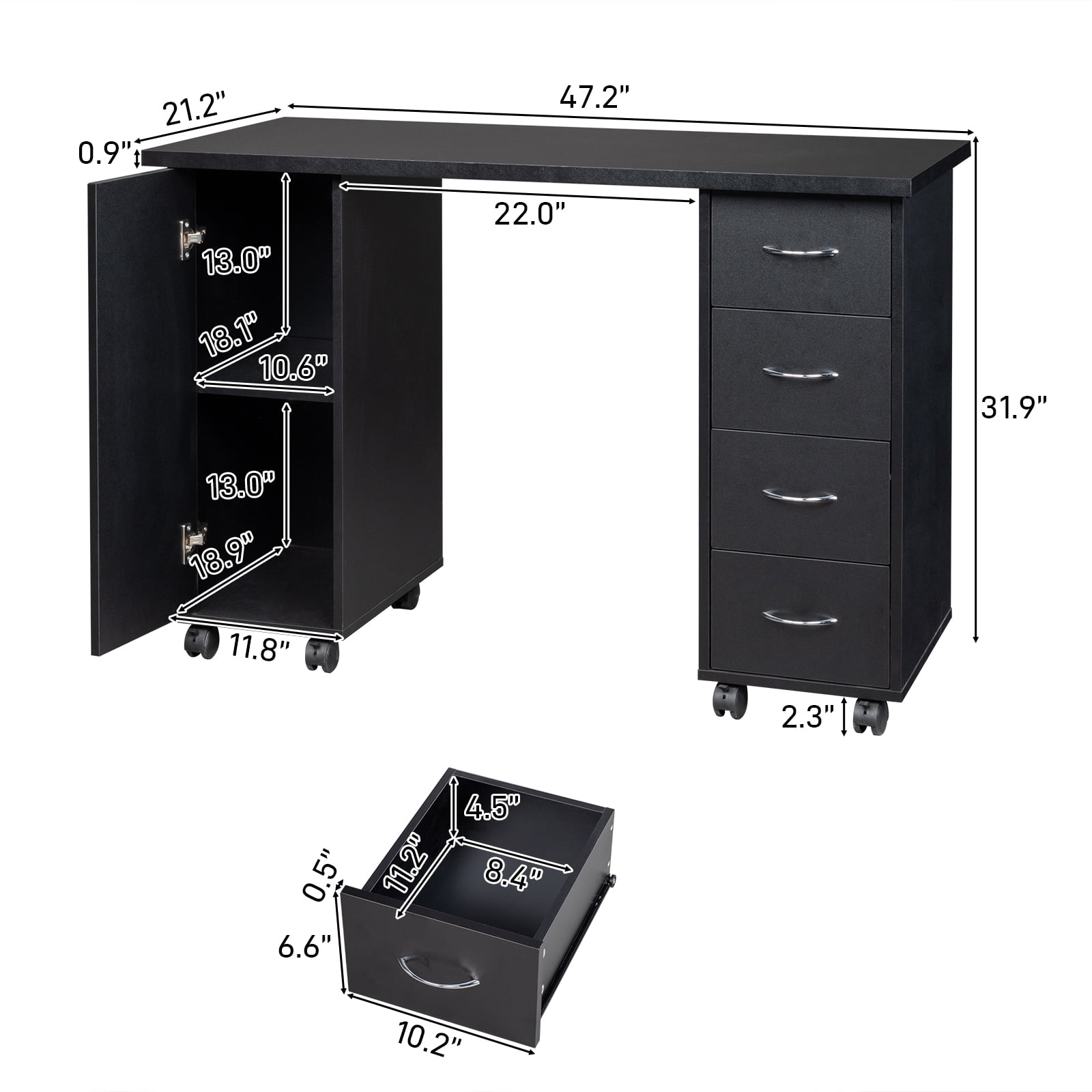 Double Edged Manicure Nail Table with Drawer Black