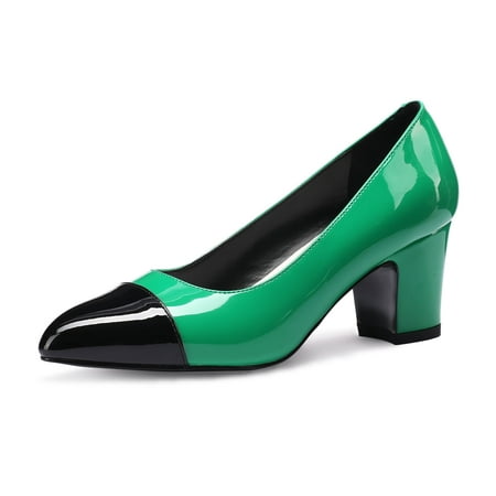 

Women Chunky Low Heel Formal Pumps Almond Cap Toe Slip on OL Pump Block Heeled Dress Work Shoes Size 7 (Green)