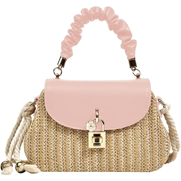 LHSHID Women Straw Crossbody Bag Leather Top Handle Straw Handbag Summer Straw Beach Bag Weave Shoulder Bag Rattan Clutch Purse