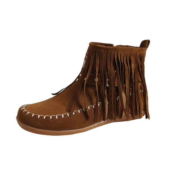 Wensltd Women Fringe Ankle Boots Round Toe Side Zip Western Style Casual Fall Fashion Fall Shoes