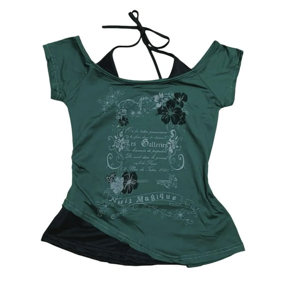 Baby Tee Y2k Women Grunge Top Emo 2000s Vintage Fake Two Piece Short Sleeve T Shirt Crop Tops Teens