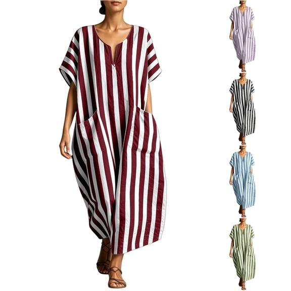 ZHOGXU Women's Dresses Summer Short Sleeve V Neck Striped Print Lightweight Comfortable Loose Fit Dress With Pockets For Casual Daily Wear,Red,Xl