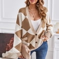 thumbnail image 2 of Lovskoo 2024 Cardigan Sweaters for Women Long Sleeve V-Neck Geometric Stitching Contrast Knit Cardigan Casual Loose Coat Sweater Top Khaki, 2 of 4