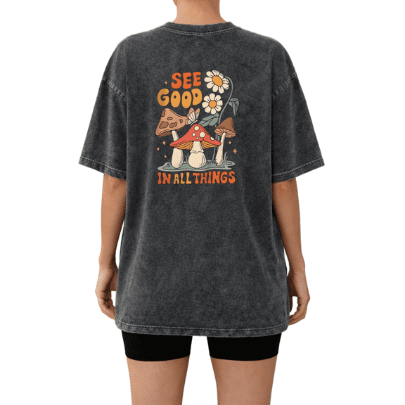 UNISHE See Good In All Things Retro Mushroom Floral Wash Print Tshirt S-2XL Washed Black Graphic Tees Casual Shirts for Positive Tops