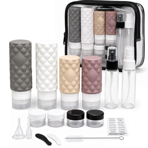 YUSS 17 Pack Travel Bottles for Toiletries, TSA Approved 3 oz and 2 oz Refillable Set with Leak-Resistant Caps and Quilted Toiletry Bag
