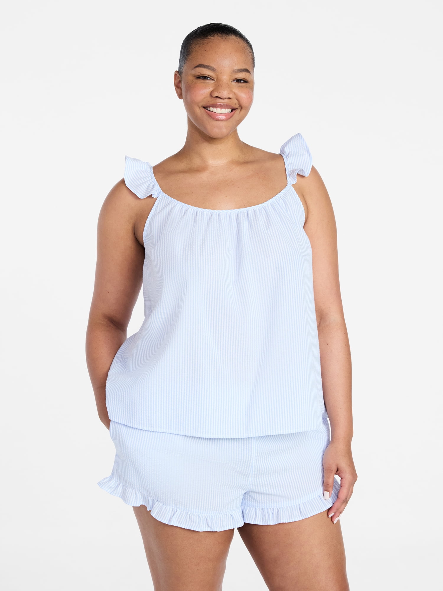 Joyspun Women's Seersucker Sleep Cami and Shorts Set with Ruffle, 2-Piece, Sizes XS-3X