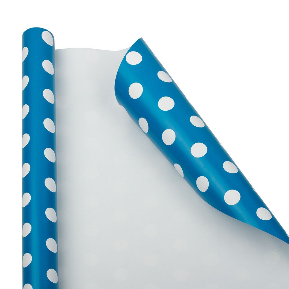 JAM Paper Polka Dot Gift Wrap, 50 Sq ft total, Blue with White Dots, 2 Rolls/Pack