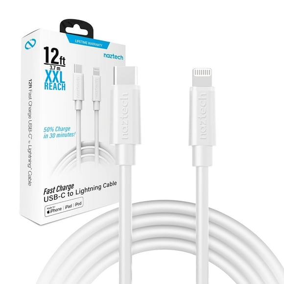 Cable cargador Naztech Lightning de 12 pies USB-C a MFi para iPhone, blanco